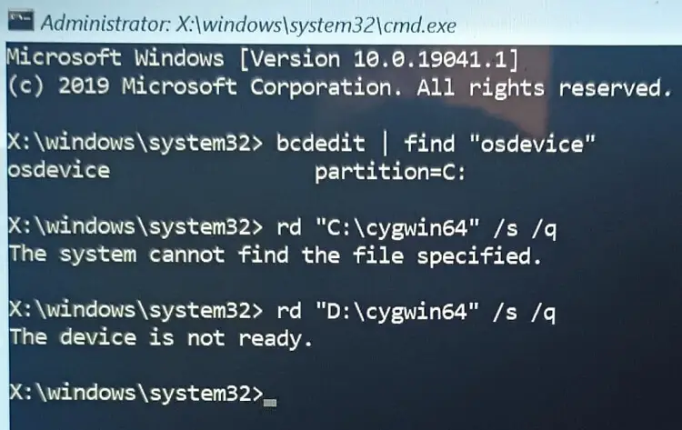 cygwin folder cannot delete - use WinRE