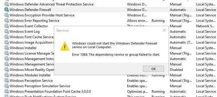 firewall error 0x8007045b or 1068
