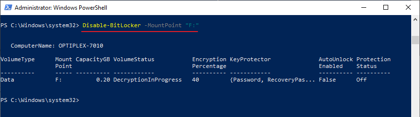 yellow exclamation on drives - disable bitlocker using powershell