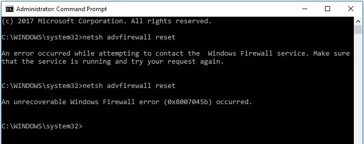 firewall error 0x8007045b or 0x8007042c