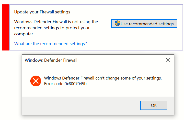 firewall error 0x8007045b or 0x8007042c