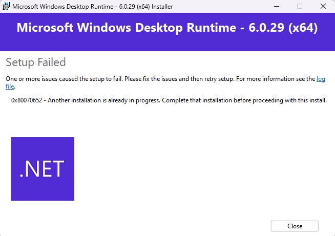 installer error 0x80070652 - another installation is already in progress