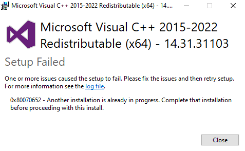 installer error 0x80070652 - another installation is already in progress
