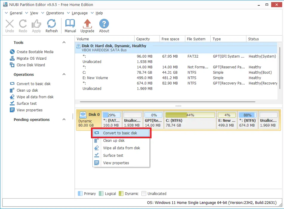 NIUBI partition editor - convert dynamic disk to basic