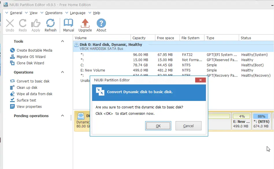 NIUBI partition editor - convert dynamic disk to basic