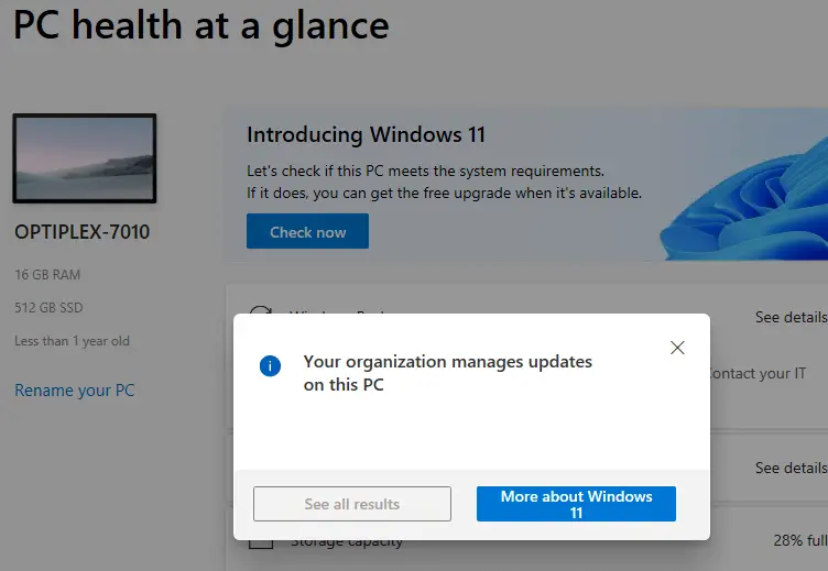 pchealth check app organization manages updates