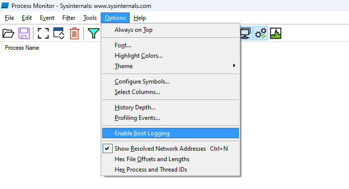 Process monitor boot logging