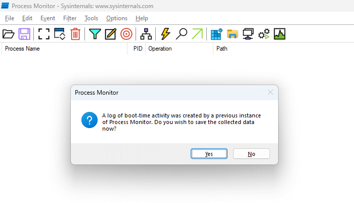 Process monitor boot logging