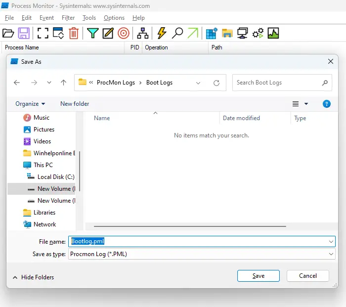 Process monitor boot logging