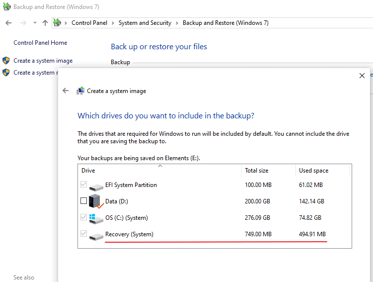 find recovery partition size and free disk space