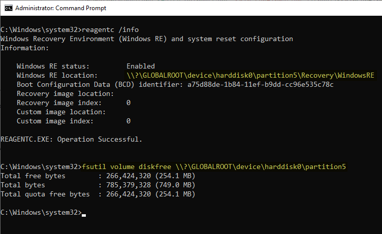 find recovery partition size and free disk space