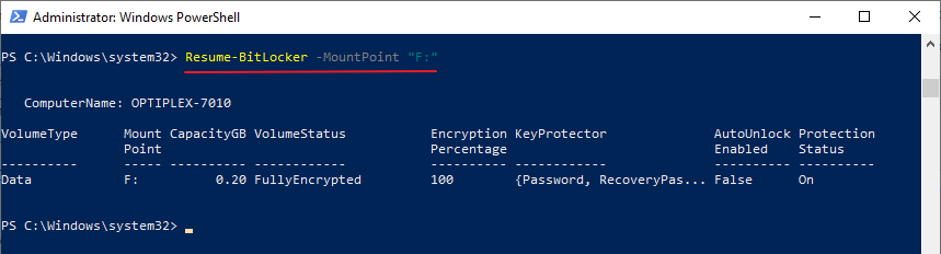 yellow exclamation on drives - resume bitlocker using powershell