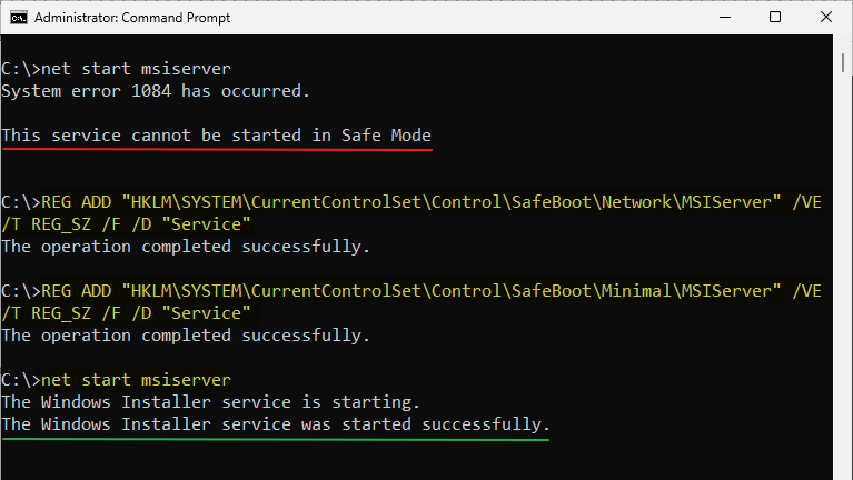 msiserver safe mode enable safeboot