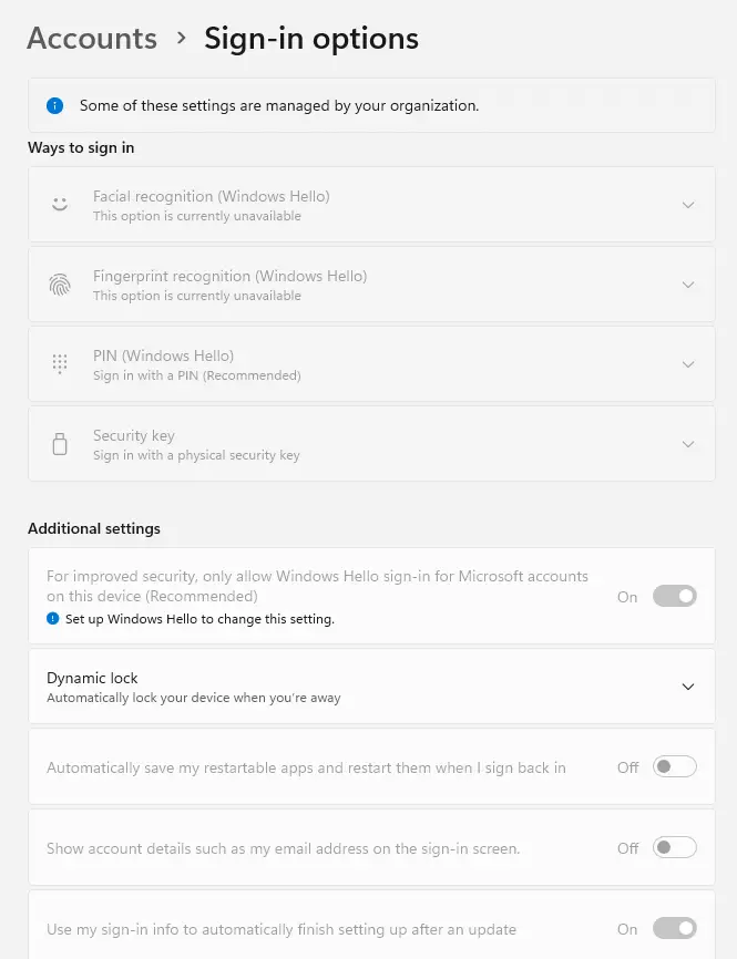 all the sign-in options settings are grayed out
