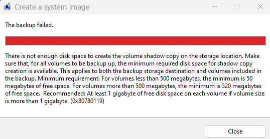 error 0x80780119 during system image backup