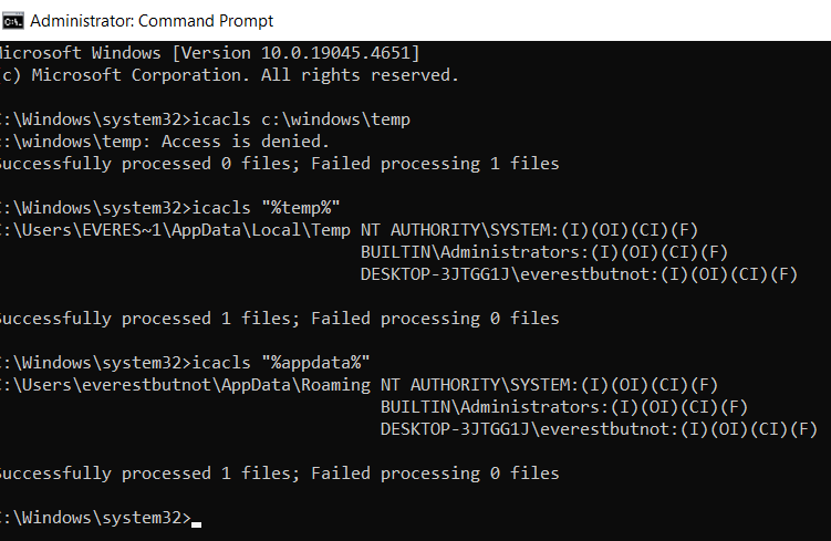 icacls temp folder permissions