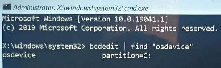 find osdevice in winre by running bcdedit