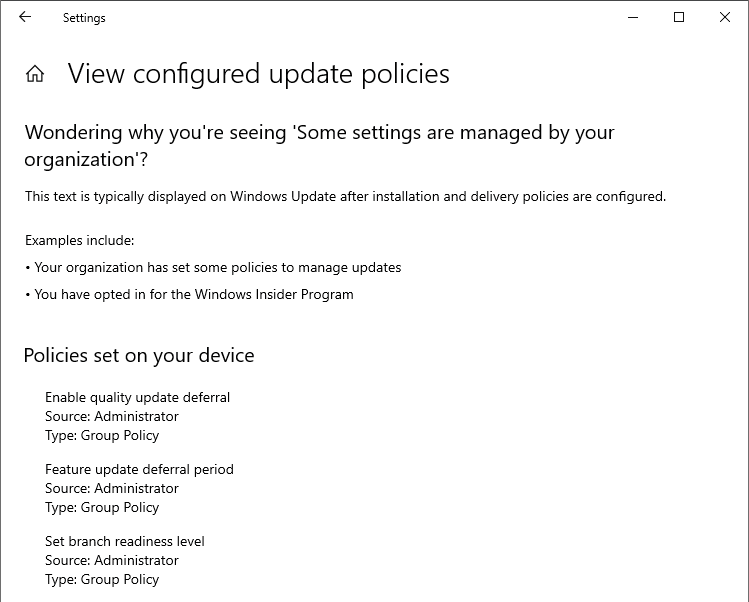 windows update policies - managed by organization