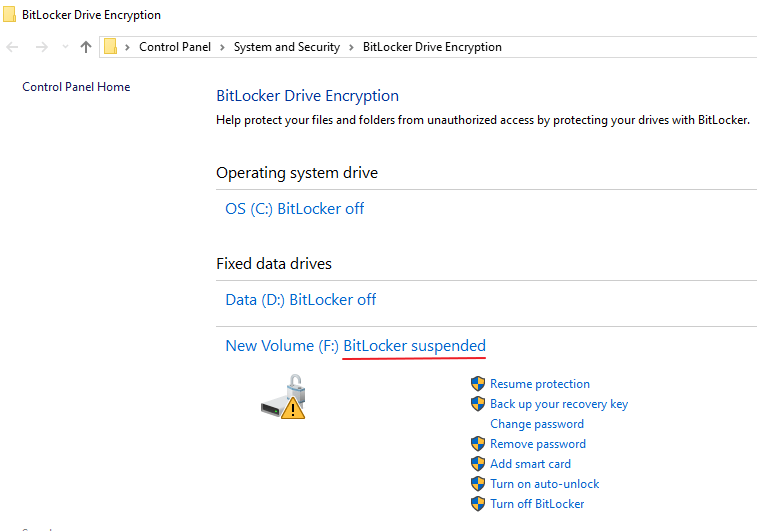 yellow exclamation on drives - resume bitlocker or disable bitlocker