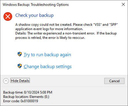 0x81000019 windows backup error