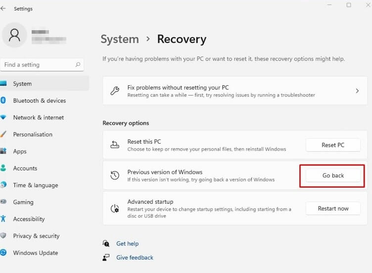 downgrade to windows 10 using "go back" option
