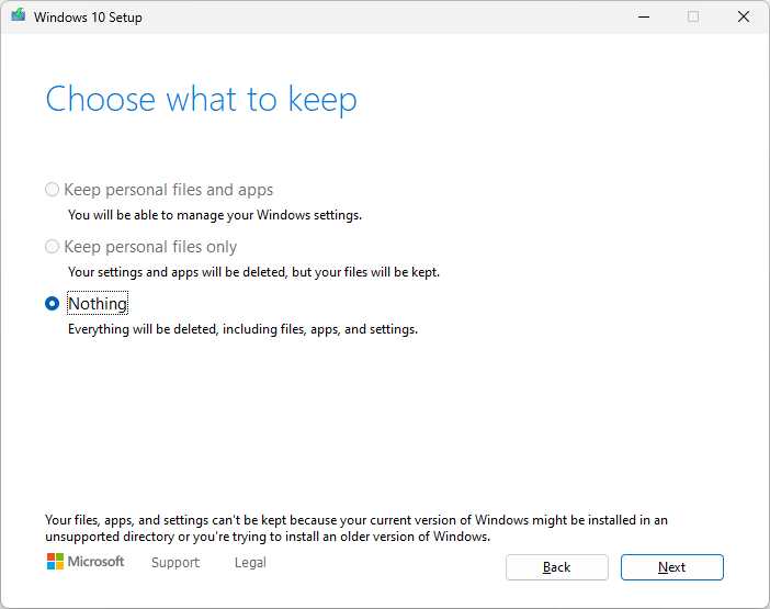 downgrade using media creation tool keep nothing