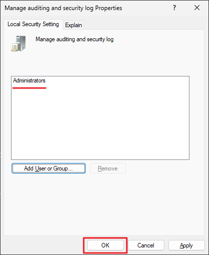 manage auditing and security log - administrators add