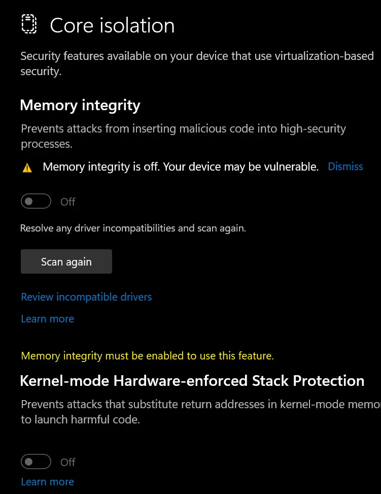 memory integrity off