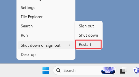 restart windows 10 via win + x menu