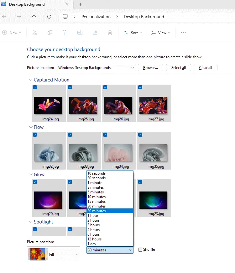 desktop slideshow duration custom intervals seconds