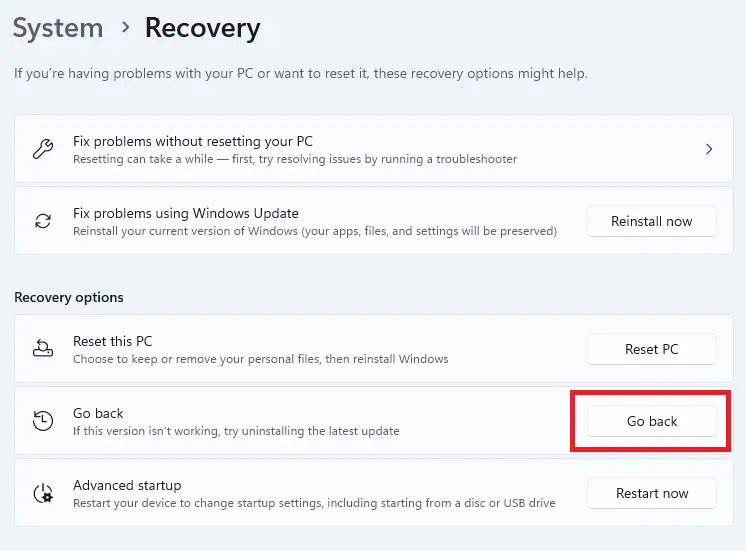 go back to previous build in windows 11
