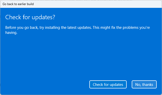 go back to previous build in windows 11