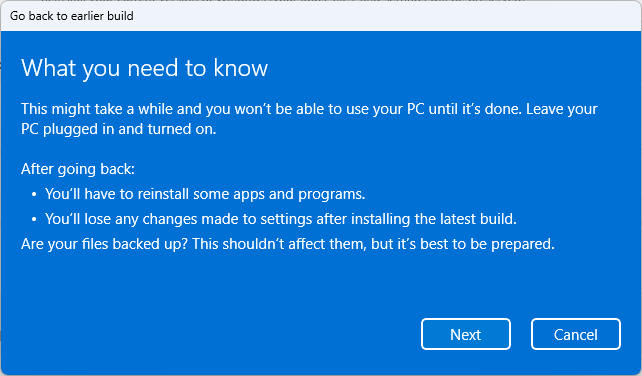 go back to previous build in windows 11