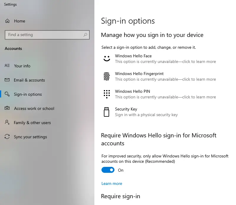 password option missing in settings sign-in options