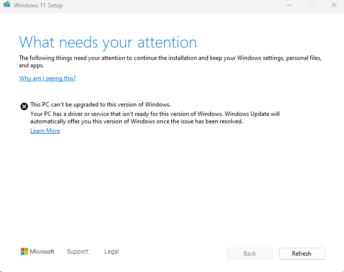 setup incompatible driver service 24h2