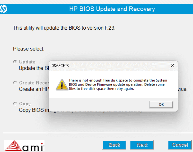 HP BIOS update - not enough free space