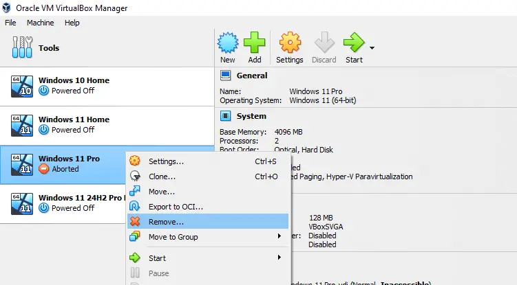 oracle vm - remove vbox, vdi
