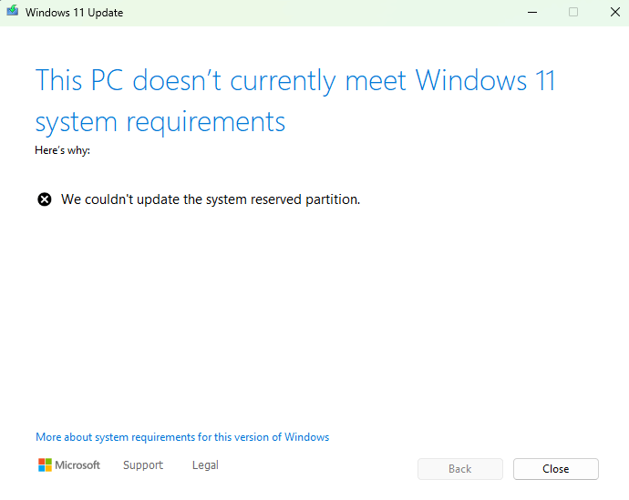 Error 0xc1900201 When Updating to Windows 11 24H2 - system reserved partition error
