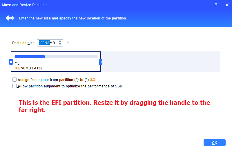 resize efi partition using aomei free version