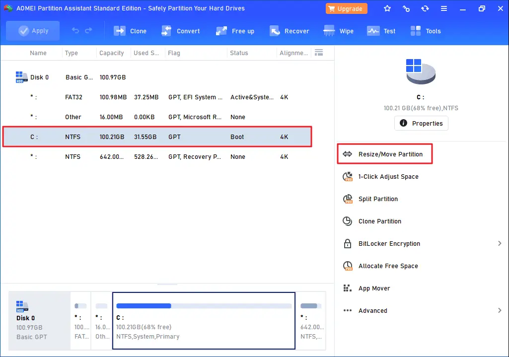 resize efi partition using aomei free version