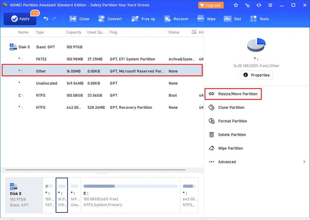 resize efi partition using aomei free version