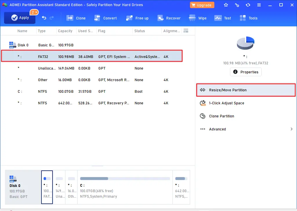 resize efi partition using aomei free version