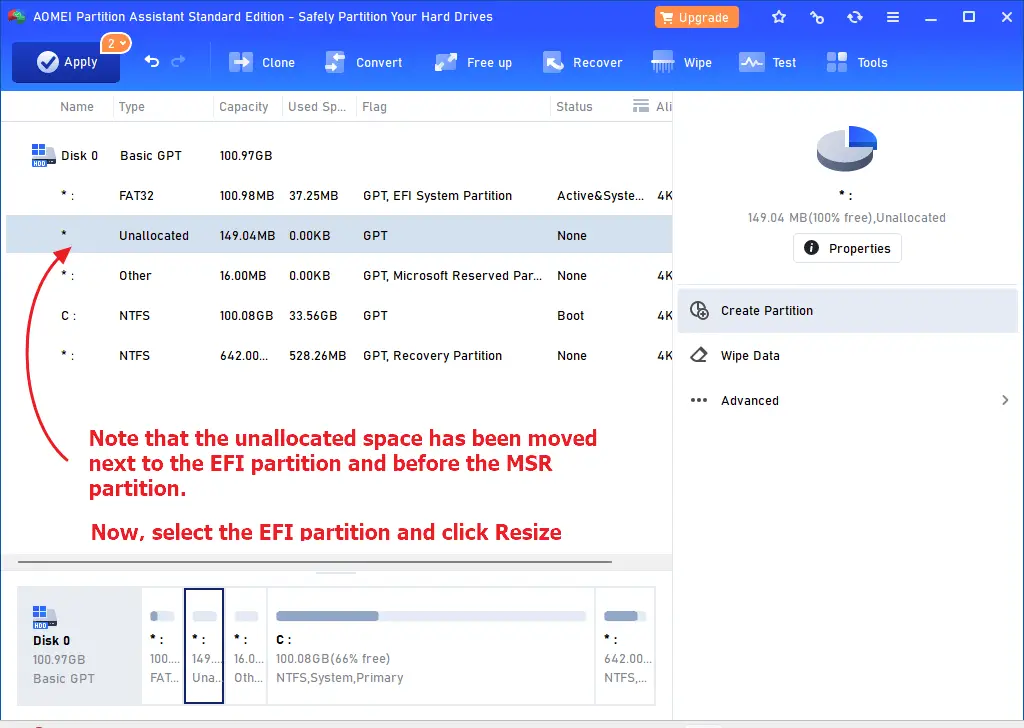 resize efi partition using aomei free version