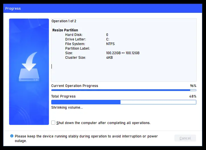 resize recovery partition using aomei