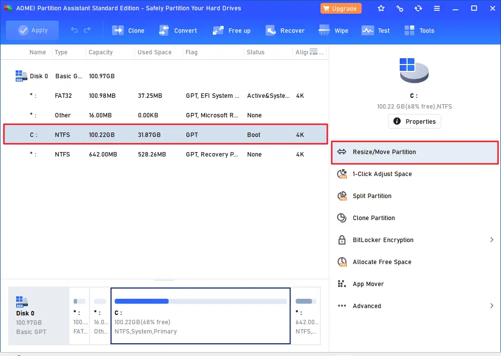 resize recovery partition using aomei