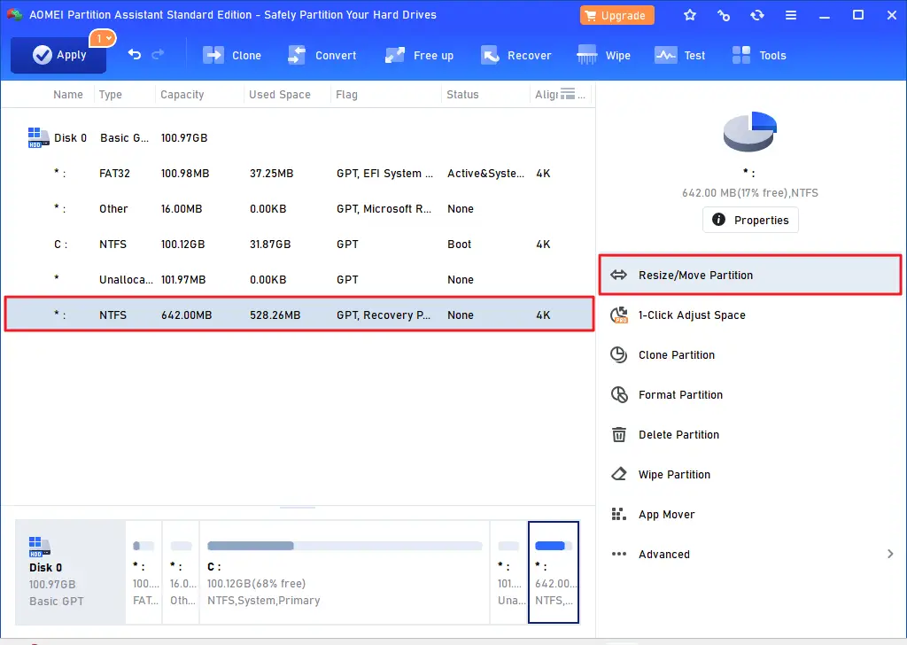 resize recovery partition using aomei