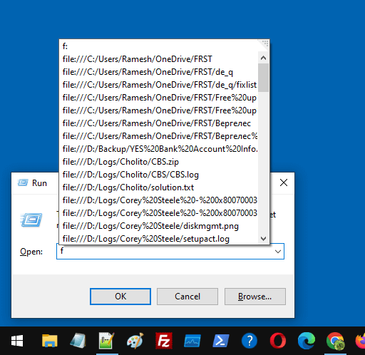 Run dialog turn off or clear file URI history
