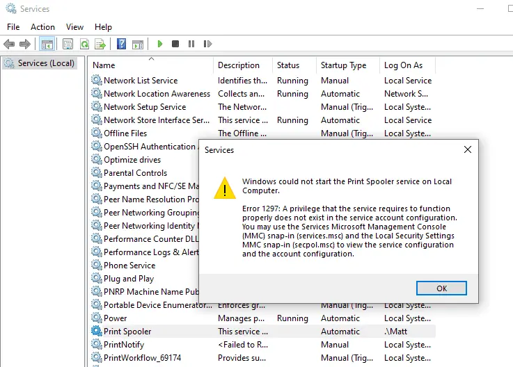 Print Spooler service error 1297