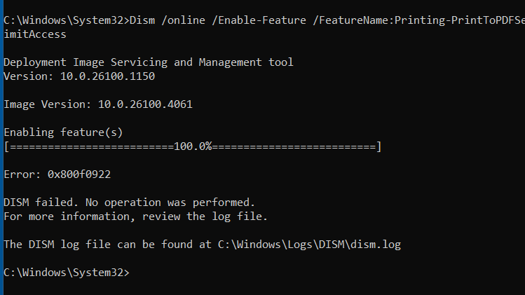 print to pdf 0x800f0922 bug in May 2025 Windows 11 quality update.