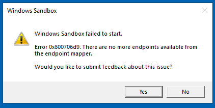 windows sandox error 0x800706d9